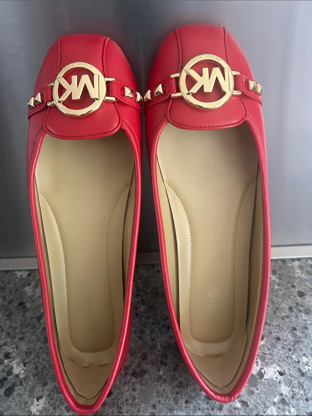 Michael Kors Red Faux Leather Logo Moccasins with Gold Hardware